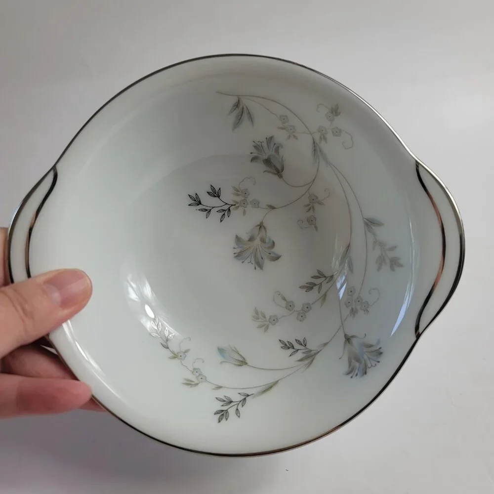 Noritake Valerie Lugged Soup Bowls Blue Gray Floral Platinum Trim #5812